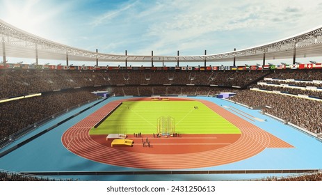 3D render of sunlit stadium filled with spectators, showcasing an athletic track and sport field, arena. Day time open air game. Concept of sport, competition, live match, tournament - Powered by Shutterstock