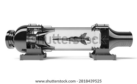 3D render of a supersonic wind tunnel testing chamber with jet aircraft aerodynamic model inside