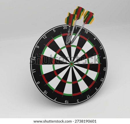 A 3D render of three darts featuring Lithuanian flag flights scoring a perfect triple twenty