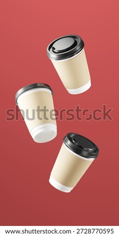 3D render of three floating White coffee cups with Brown cardboard sleeves and Black lids set over Dark Georgia Peach background.