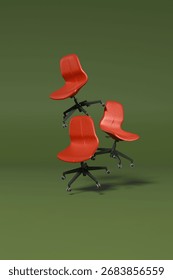 3D render of three red office chairs floating in balance against a green background.