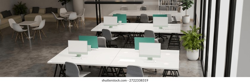 3d render top view modern white open space office interior and computer.