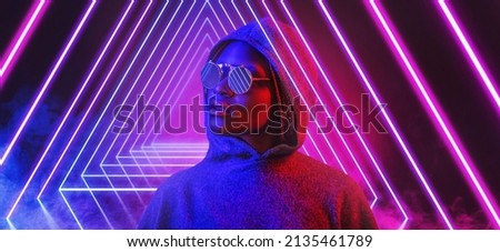 3d render, ultraviolet neon triangular portal, glowing lines, tunnel, corridor, virtual reality, abstract fashion background with afro girl, violet neon lights