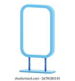 3D render of a vertical blue rectangular signboard with base stand, blank advertising frame isolated on white background, modern minimal signage for branding or promotion mockup.