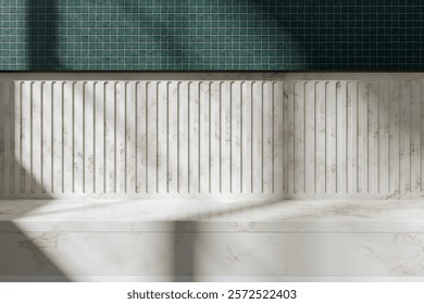 3D render of a white marble kitchen countertop and a wall covered with turquoise mosaic tiles. Background for product presentations. Empty space for display. The shadow of the window frame cast on th