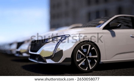 3D render of white modern hatchback cars parked outdoors in bright daylight. Ideal for automotive, urban planning, or car industry concepts.