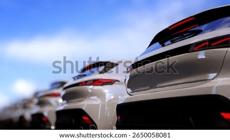 3D render of white modern hatchback cars parked outdoors in bright daylight. Ideal for automotive, urban planning, or car industry concepts.