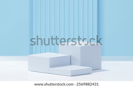 3d rendered 3 cube with light steel blue color, white base color, and stripped light blue sky background