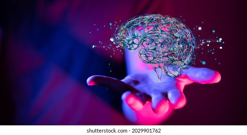 A 3D rendered Artificial Intelligence held in a person's hand