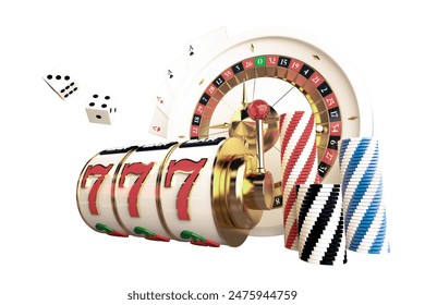3D Rendered Casino Games Objects. Slot Machine Reels, Roulette, Dices, Poker Cards and Chips Illustration. - Powered by Shutterstock