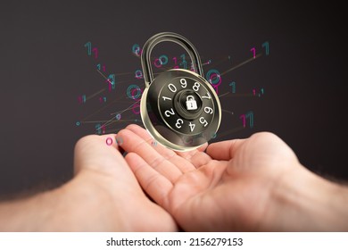 A 3D rendered digital concept of security with floating padlock and binary code levitating above a person's hands
