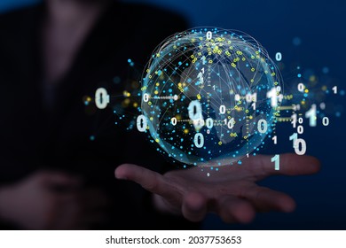 A 3D rendered futuristic globe with binary code hovering over a man's hand
