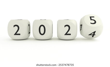 3D rendered illustration of turning numbers on dices from 2024 to 2025 illustrating coming of new year.