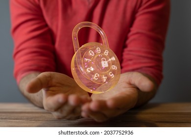 A 3D rendered lock hovering over a man’s hands - cybersecurity concept