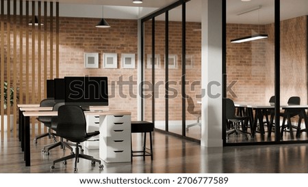 3D rendered modern office with rows of workstations, chairs, and glass partition meeting rooms.