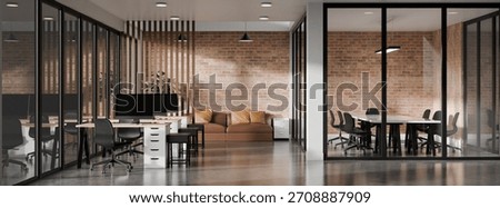 3D rendered modern office with rows of workstations, chairs, and glass partition meeting rooms.