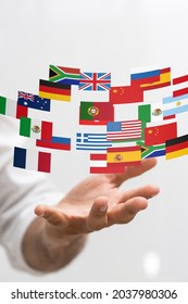 A 3D rendered stickers of different countries hovering over a person's hand