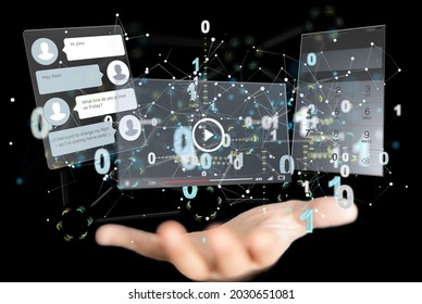 A 3d rendered virtual interface of web application in hand