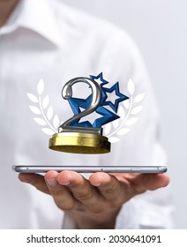 A 3D Rendering Of A 2nd Place Trophy Over A Smartphone In A Person's Hand