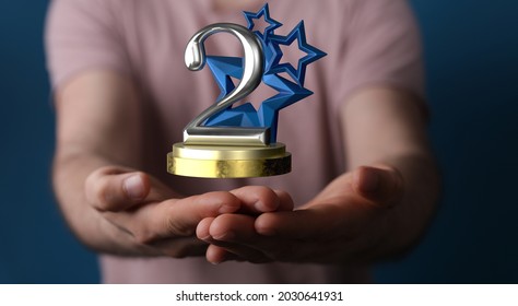 A 3D Rendering Of A 2nd Place Trophy With A Real Person In The Background