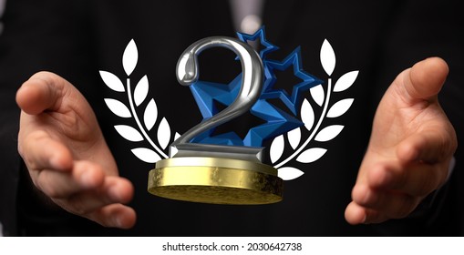 A 3D Rendering Of A 2nd Place Trophy In A Real Person's Hands