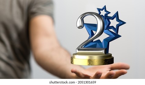 A 3d Rendering Of A 2nd Place Trophy Near A Hand