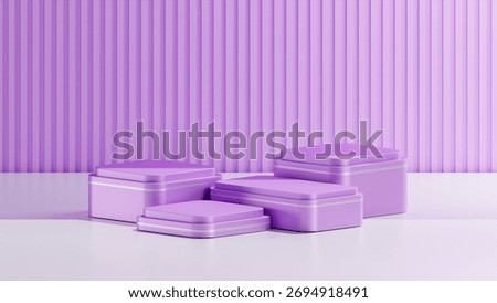 3D rendering of 4 cube podiums with curved corners. 4 cube podiums with metallic Lavender shaders. Podium template for product replacement.