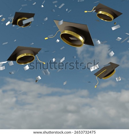 3D Rendering. 4K Photo of a Floating Graduation Cap Thrown Against a Sky Background with Confetti and Studio Lighting. Metallic Silver White and Black Fabric Material.