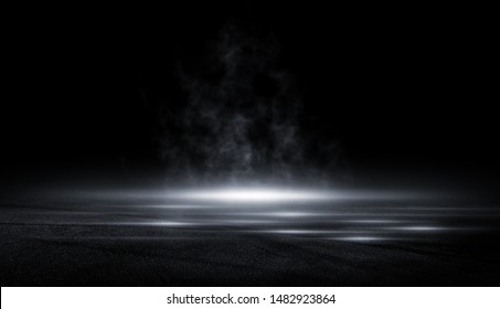 3D Rendering abstract asphalt light in  dark street and smoke on black background