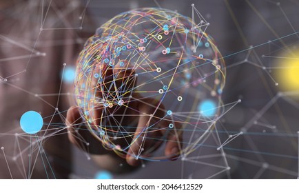 A 3d rendering of an abstract global networking scheme on a gray background with fingers touching