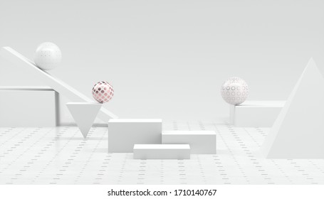 3D Rendering abstract minimal white showcase, mockup for product scene, abstract geometric shape group on  white background.