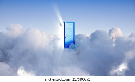 3d rendering, abstract modern background with bright light rays shining through the opening blue door in the sky with clouds, hope concept