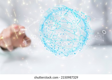 A 3D rendering of abstract neural network icons with hand tapping on it from behind-global network concept