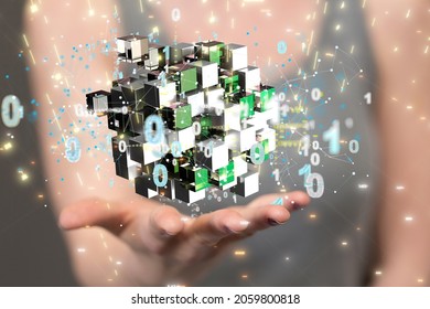 A 3D rendering of an Abstract technology group and social network connection on a blurry background