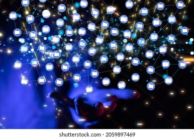 A 3D rendering of an Abstract technology group and social network connection on a blurry background