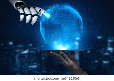 3D rendering artificial intelligence AI research of robot and cyborg development for future of people living. Digital data mining and machine learning technology design for computer brain.