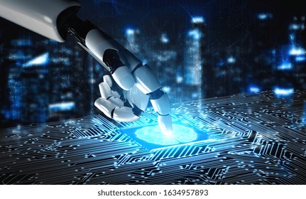 3D rendering artificial intelligence AI research of robot and cyborg development for future of people living. Digital data mining and machine learning technology design for computer brain.