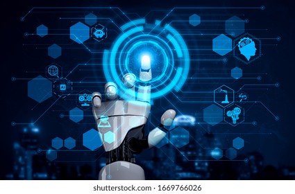 3D rendering artificial intelligence AI research of robot and cyborg development for future of people living. Digital data mining and machine learning technology design for computer brain.