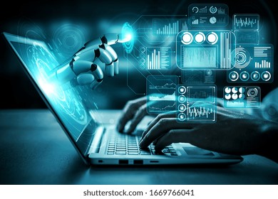 3D rendering artificial intelligence AI research of robot and cyborg development for future of people living. Digital data mining and machine learning technology design for computer brain.