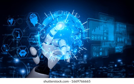 3D Rendering Artificial Intelligence AI Research Of Robot And Cyborg Development For Future Of People Living. Digital Data Mining And Machine Learning Technology Design For Computer Brain.