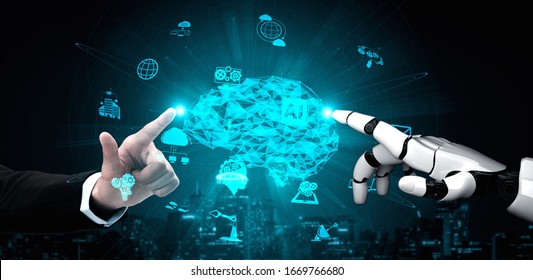 3D rendering artificial intelligence AI research of robot and cyborg development for future of people living. Digital data mining and machine learning technology design for computer brain. - Shutterstock ID 1669766680