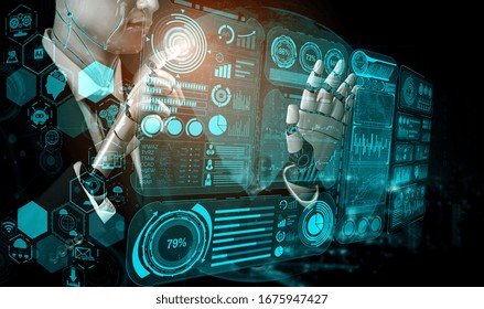 3D rendering artificial intelligence AI research of robot and cyborg development for future of people living. Digital data mining and machine learning technology design for computer brain.