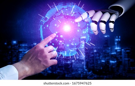 3D rendering artificial intelligence AI research of robot and cyborg development for future of people living. Digital data mining and machine learning technology design for computer brain.