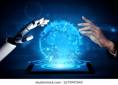 3D rendering artificial intelligence AI research of robot and cyborg development for future of people living. Digital data mining and machine learning technology design for computer brain.