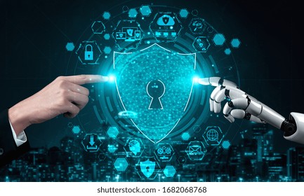 3D rendering artificial intelligence AI research of robot and cyborg development for future of people living. Digital data mining and machine learning technology design for computer brain.