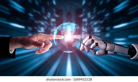 3D rendering artificial intelligence AI research of robot and cyborg development for future of people living. Digital data mining and machine learning technology design for computer brain.
