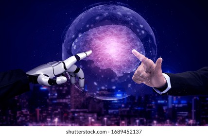3D rendering artificial intelligence AI research of robot and cyborg development for future of people living. Digital data mining and machine learning technology design for computer brain.