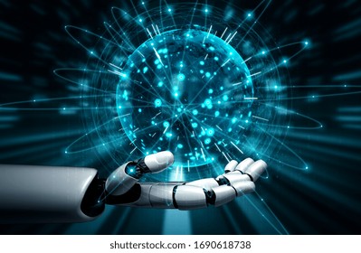 3D rendering artificial intelligence AI research of robot and cyborg development for future of people living. Digital data mining and machine learning technology design for computer brain.