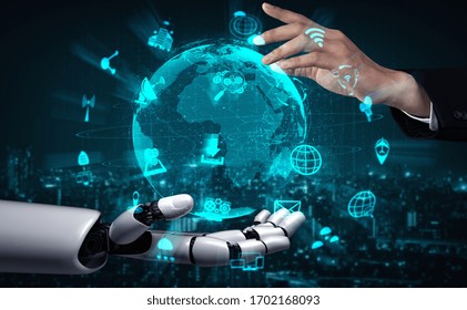 3D rendering artificial intelligence AI research of robot and cyborg development for future of people living. Digital data mining and machine learning technology design for computer brain.