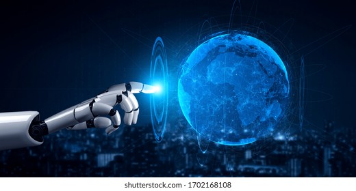 3D rendering artificial intelligence AI research of robot and cyborg development for future of people living. Digital data mining and machine learning technology design for computer brain.